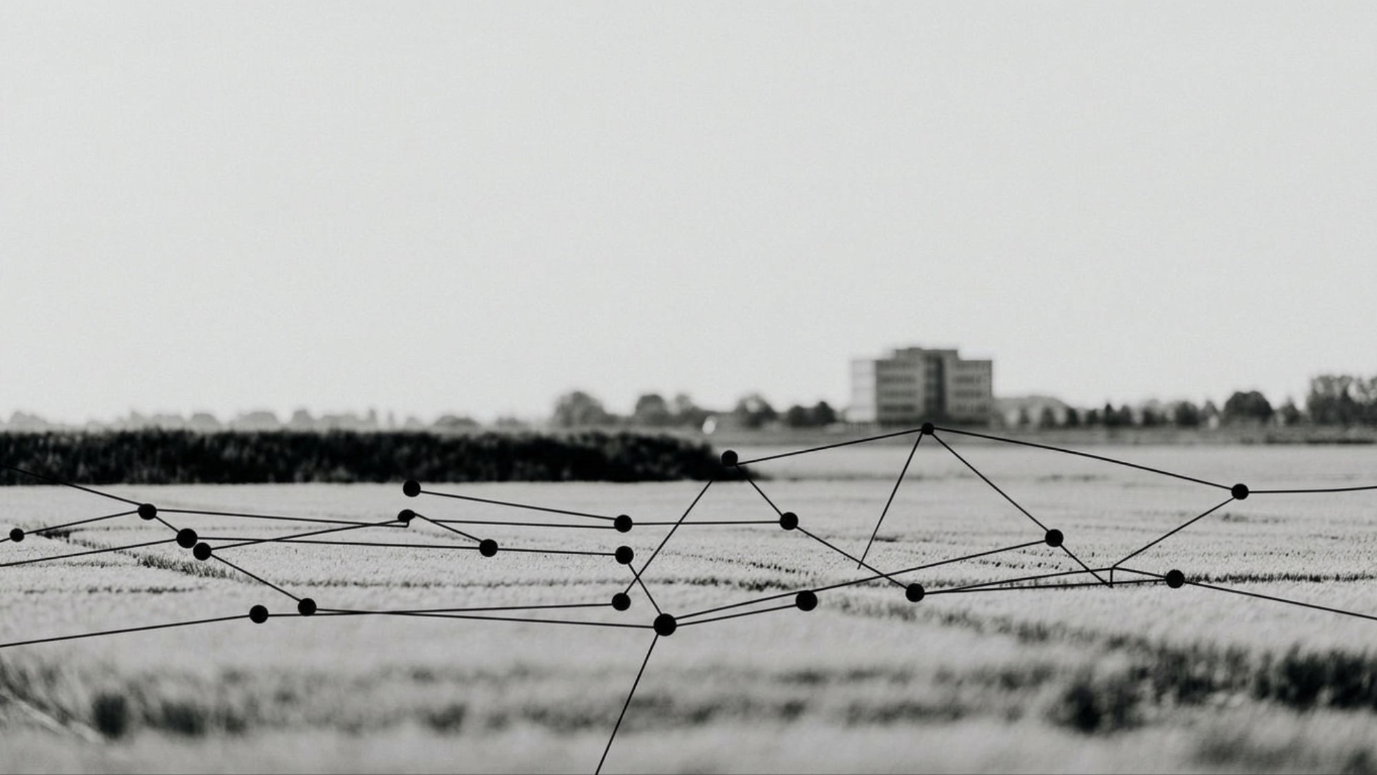 Polderlandschap met een kantoorgebouw aan de horizon en een netwerk van lijnen over het land